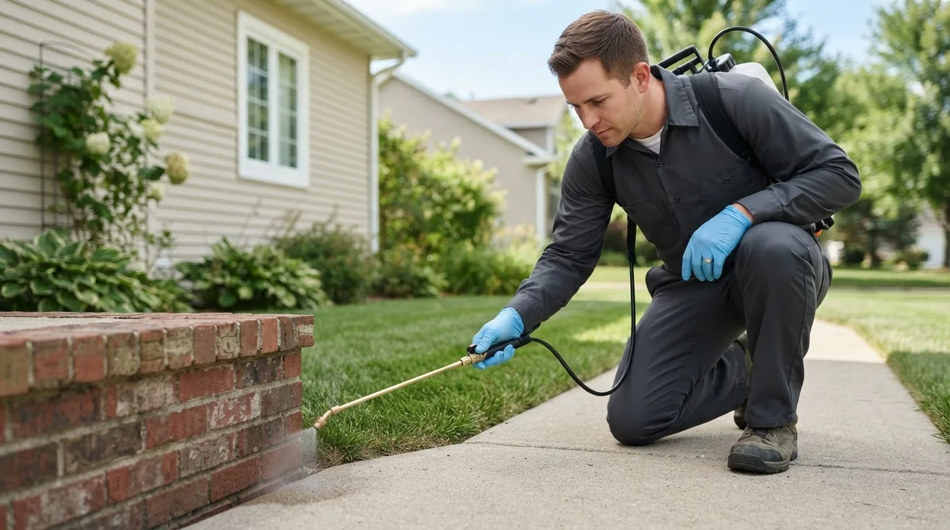 Pest control technician treating a home near Allenton, MI
