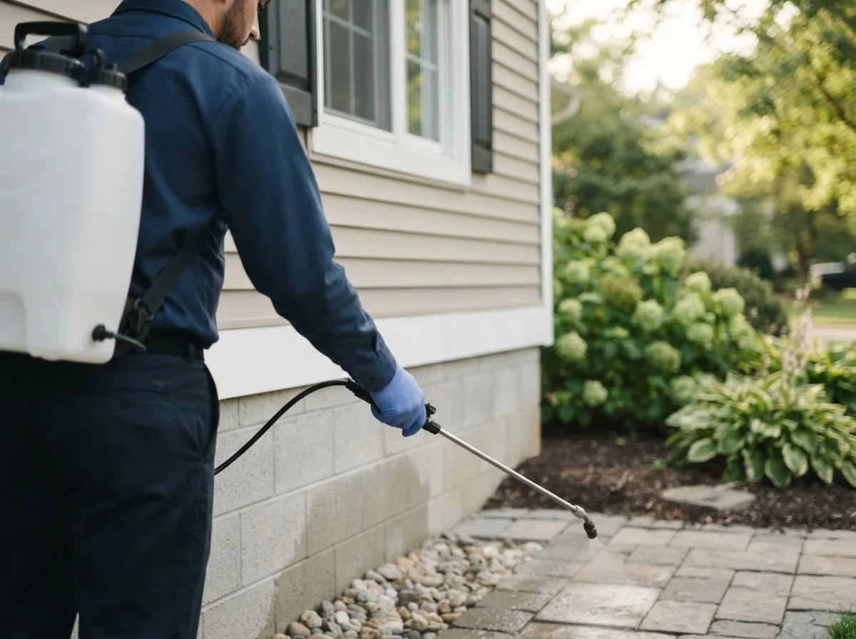 Pest control technician inspecting a home in Allenton, MI